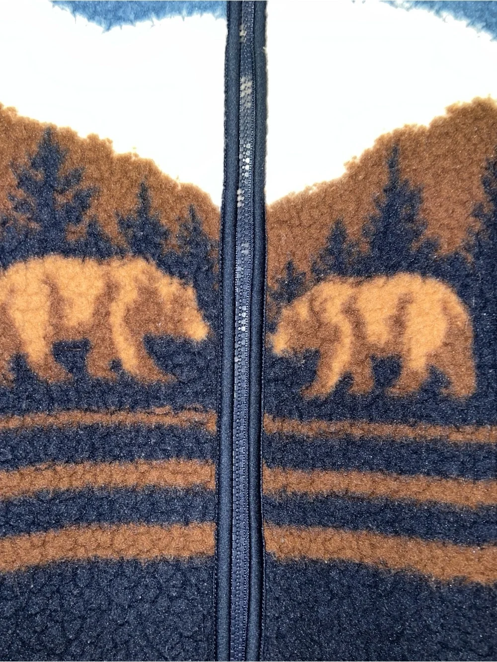 Old Navy Boys Fleece Sherpa zip Jacket Blue Brown Bear Print graphic Large